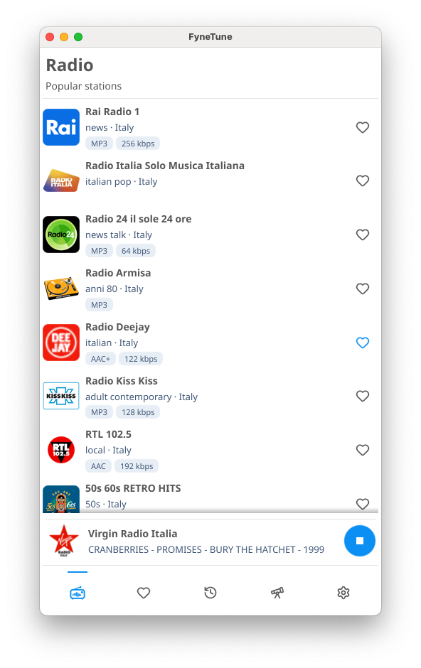 FyneTune application showing stations, playback and navigation